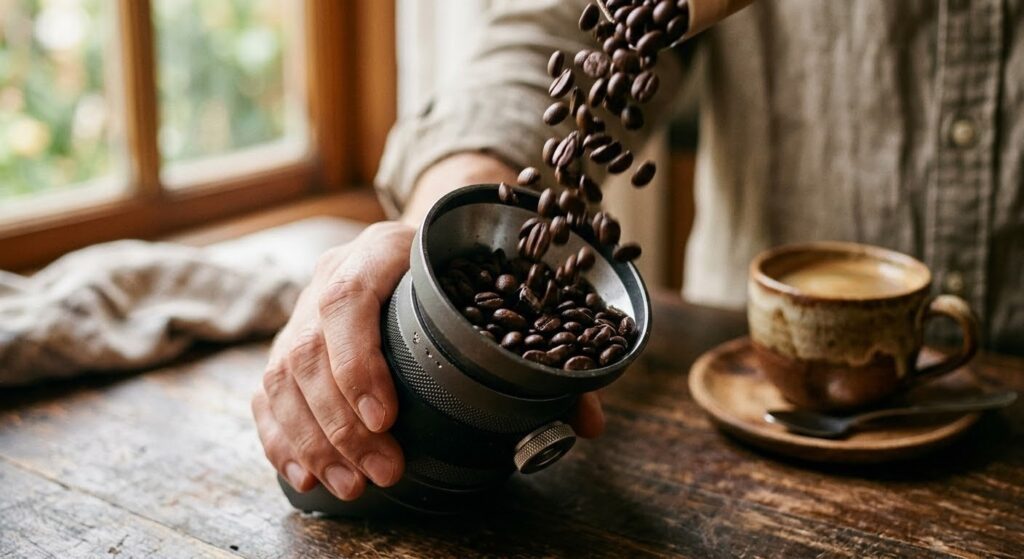 Grãos de café especial sendo colocados em um moedor
