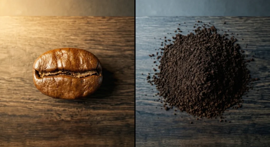 Comparação visual entre grãos inteiros de café especial de torra média e o pó escuro e fino de café tradicional de supermercado.