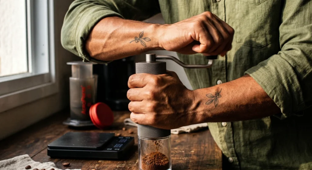 Pessoa segurando e moendo grãos de café especial usando um moedor manual com manivela, destacando o ritual de moer na hora.