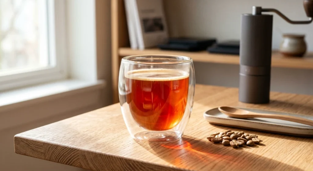 Café especial coado servido em uma xícara de vidro transparente, destacando a clareza e a cor da bebida extraída com moagem uniforme.